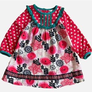 Matilda Jane Girls Red Floral Polka Dot Cat Print Dress Size 12–18 Months